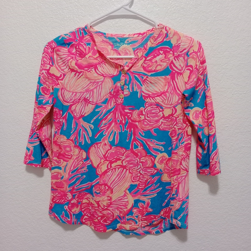 Lilly Pulitzer Girls 3/4 Sleeve Floral Coral Tunic Top size XL (12-14)